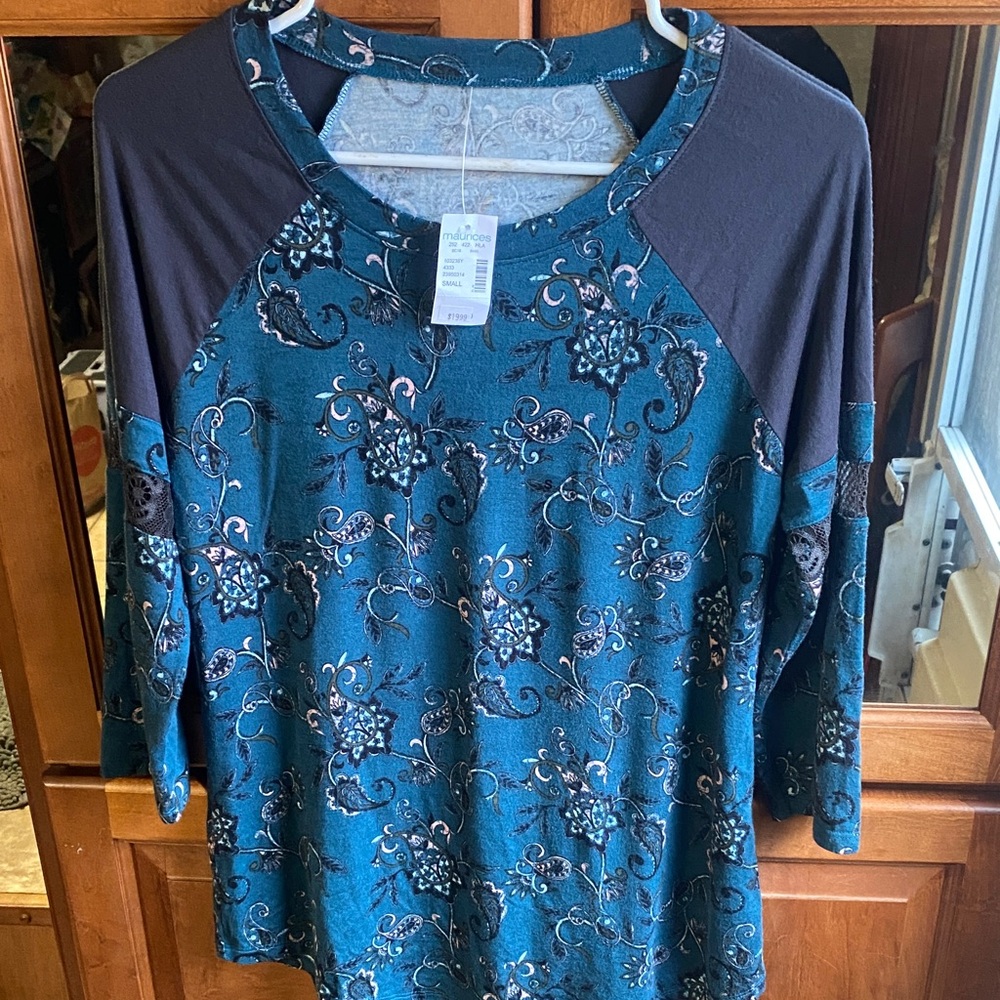 Maurices Teal and Black Floral Small Top w/Paisleys Lace Detail Whimsigoth